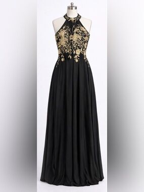 Cachet Black & Gold Embroidered Halter Maxi Gown Beaded Floral Formal Dress Sz 6